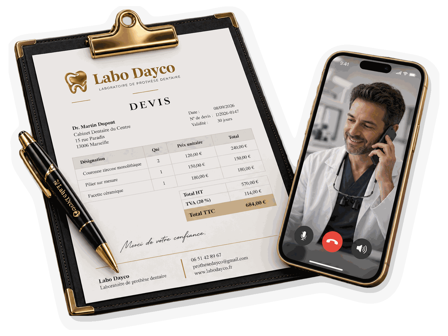 Un devis Labo Dayco posé sur une planchette, à côté d'un téléphone sur lequel un praticien est en ligne avec le laboratoire