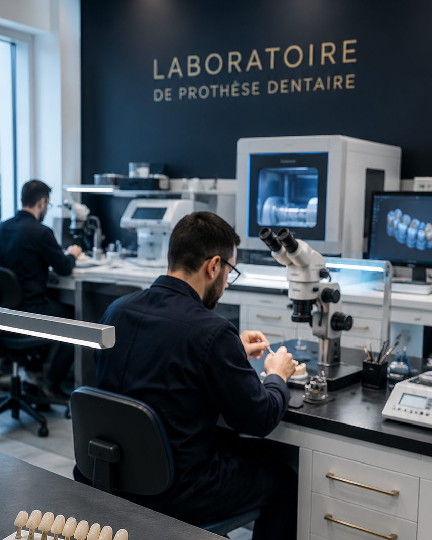 Atelier de prothèse dentaire : prothésistes au travail, microscope, machine d'usinage et modèles sur le plan de travail