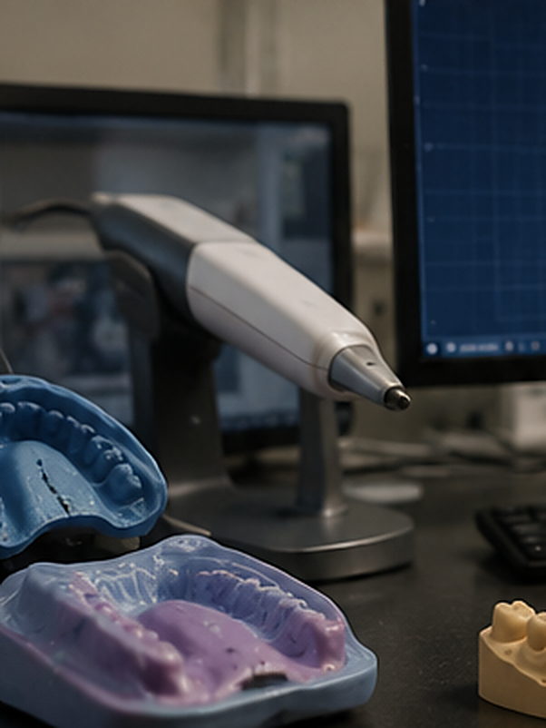 Empreintes physiques et scanner intra-oral côte à côte sur le plan de travail