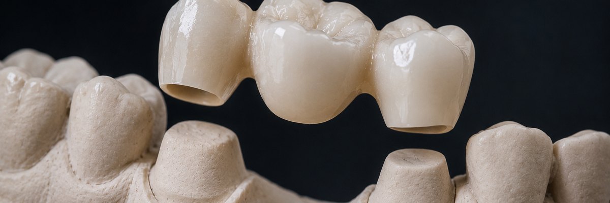 Bridge de trois éléments présenté au-dessus des deux piliers préparés sur le modèle en plâtre