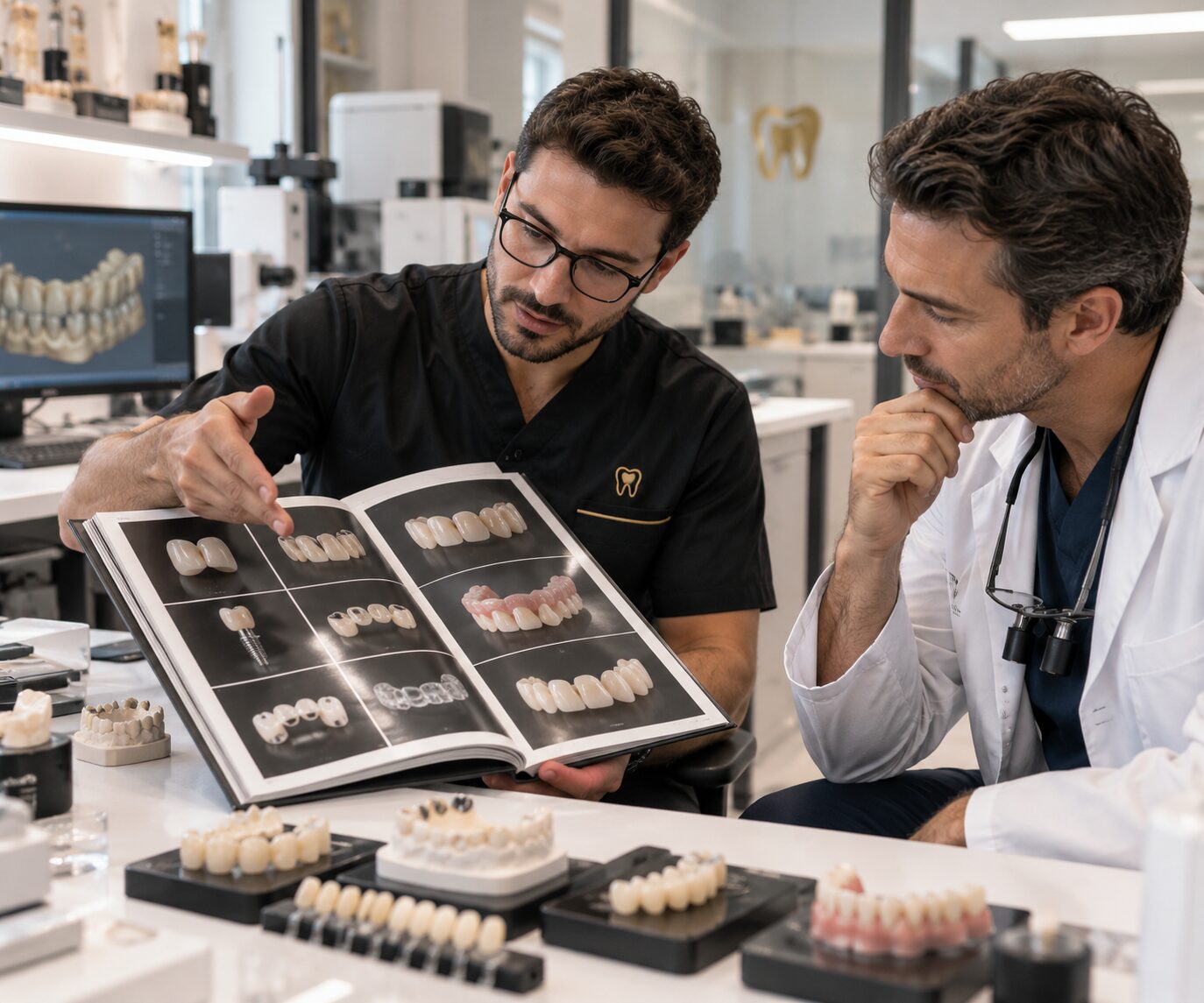 Un prothésiste de Labo Dayco présente le catalogue des solutions prothétiques à un chirurgien-dentiste, au laboratoire