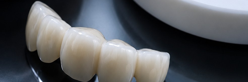 Bridge zircone de quatre éléments, terminé et poli, posé au laboratoire devant le disque de zircone dans lequel il a été usiné