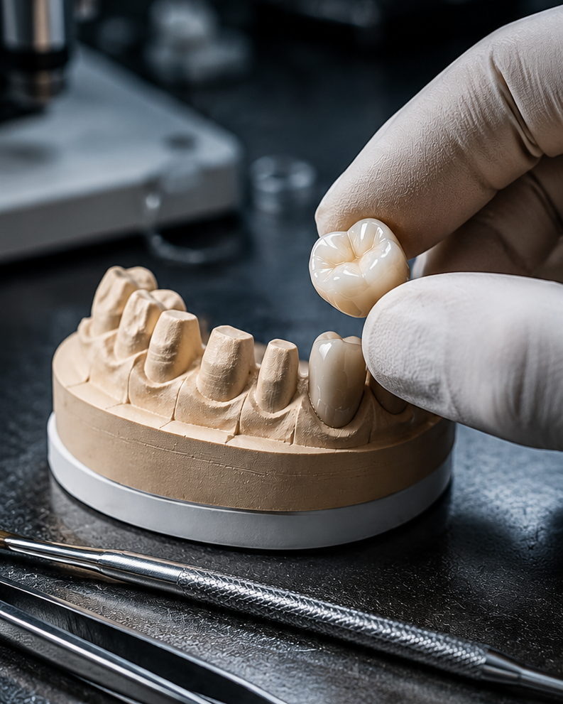 Couronne céramique présentée au-dessus de son emplacement sur un modèle de travail