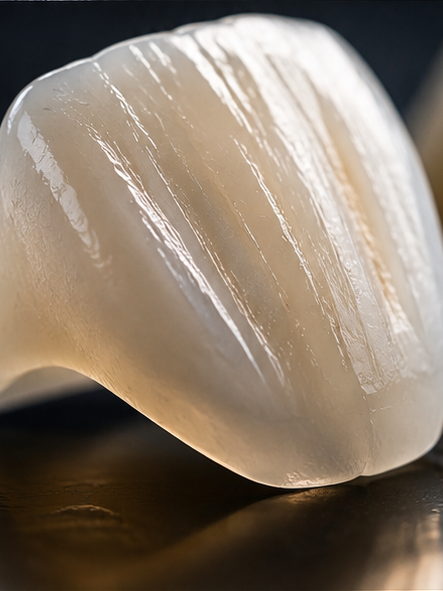 Couronne en vitrocéramique, translucidité et stratification visibles en lumière rasante